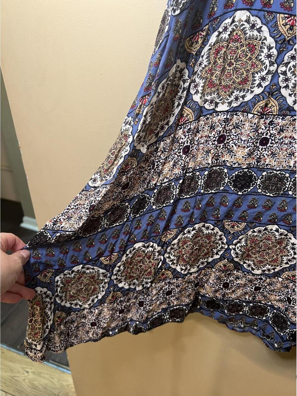 Free People Boho Medallion Print Blue Patchwork Slip Dress Strappy Size Medium - Picture 3 of 8